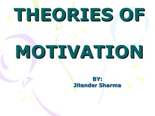 THEORIES OFTHEORIES OF
MOTIVATIONMOTIVATION
BY:BY:
Jitender SharmaJitender Sharma
 