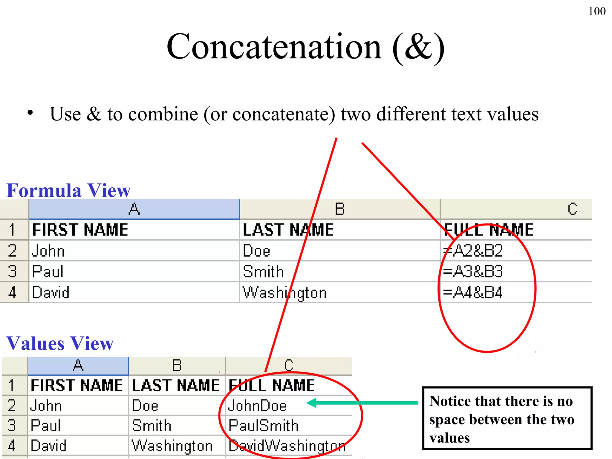100

Concatenation (&)
• Use & to combine (or concatenate) two different text values

Formula View

Values View
Notice that there is no
space between the two
values

 