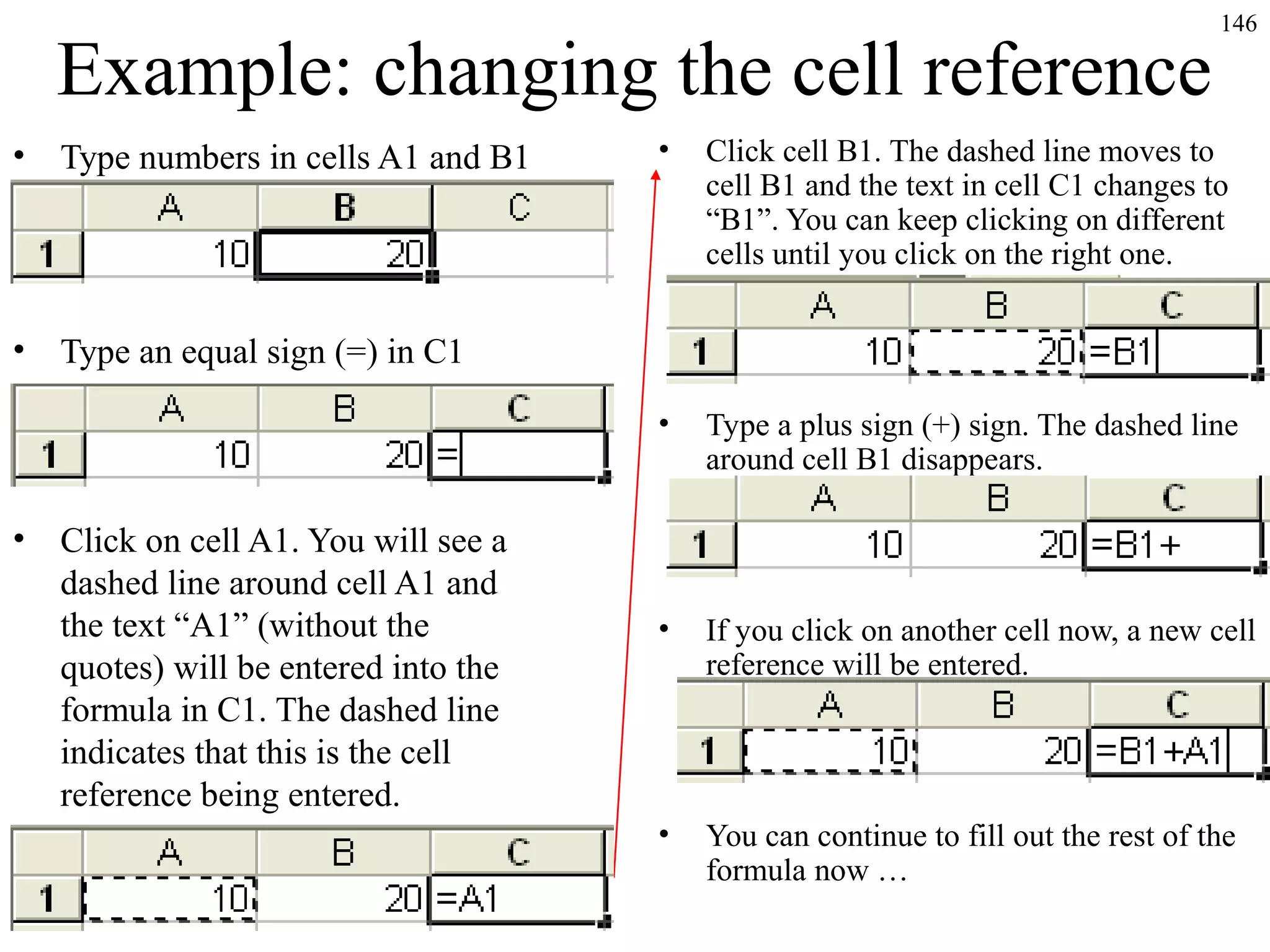 Example: changing the cell reference

146

Type numbers in cells A1 and B1

•

•

Click cell B1. The dashed line moves to
cell B1 and the text in cell C1 changes to
“B1”. You can keep clicking on different
cells until you click on the right one.

•

•

Type a plus sign (+) sign. The dashed line
around cell B1 disappears.

•

If you click on another cell now, a new cell
reference will be entered.

•

You can continue to fill out the rest of the
formula now …

Type an equal sign (=) in C1

•

Click on cell A1. You will see a
dashed line around cell A1 and
the text “A1” (without the
quotes) will be entered into the
formula in C1. The dashed line
indicates that this is the cell
reference being entered.

 