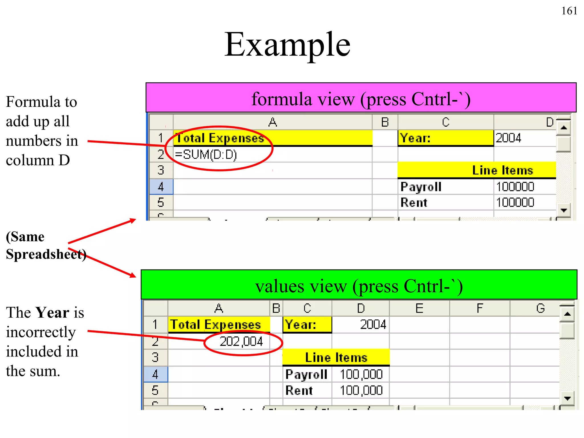 161

Example
Formula to
add up all
numbers in
column D

formula view (press Cntrl-`)

(Same
Spreadsheet)

values view (press Cntrl-`)
The Year is
incorrectly
included in
the sum.

 
