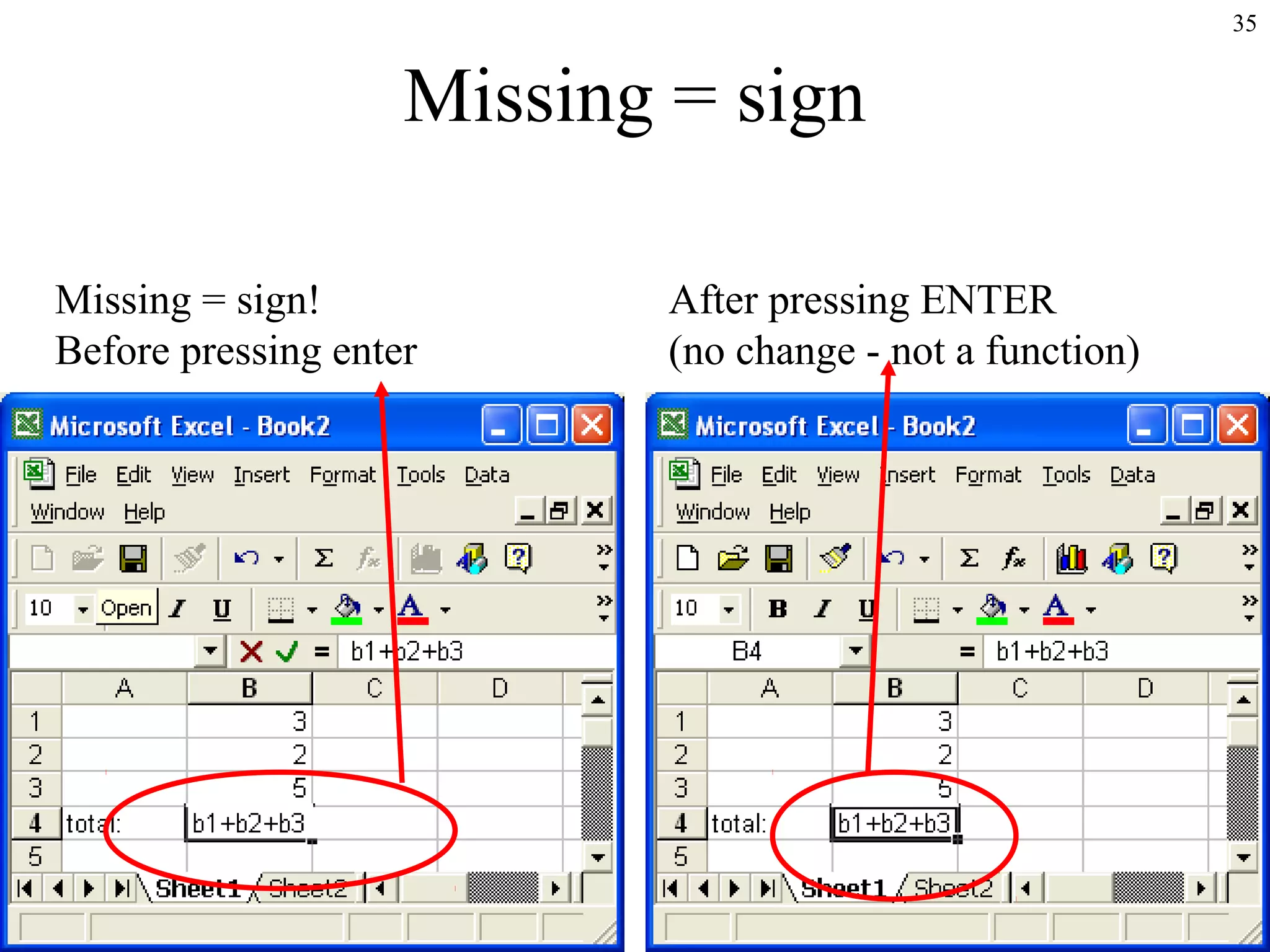 35

Missing = sign
Missing = sign!
Before pressing enter

After pressing ENTER
(no change - not a function)

 