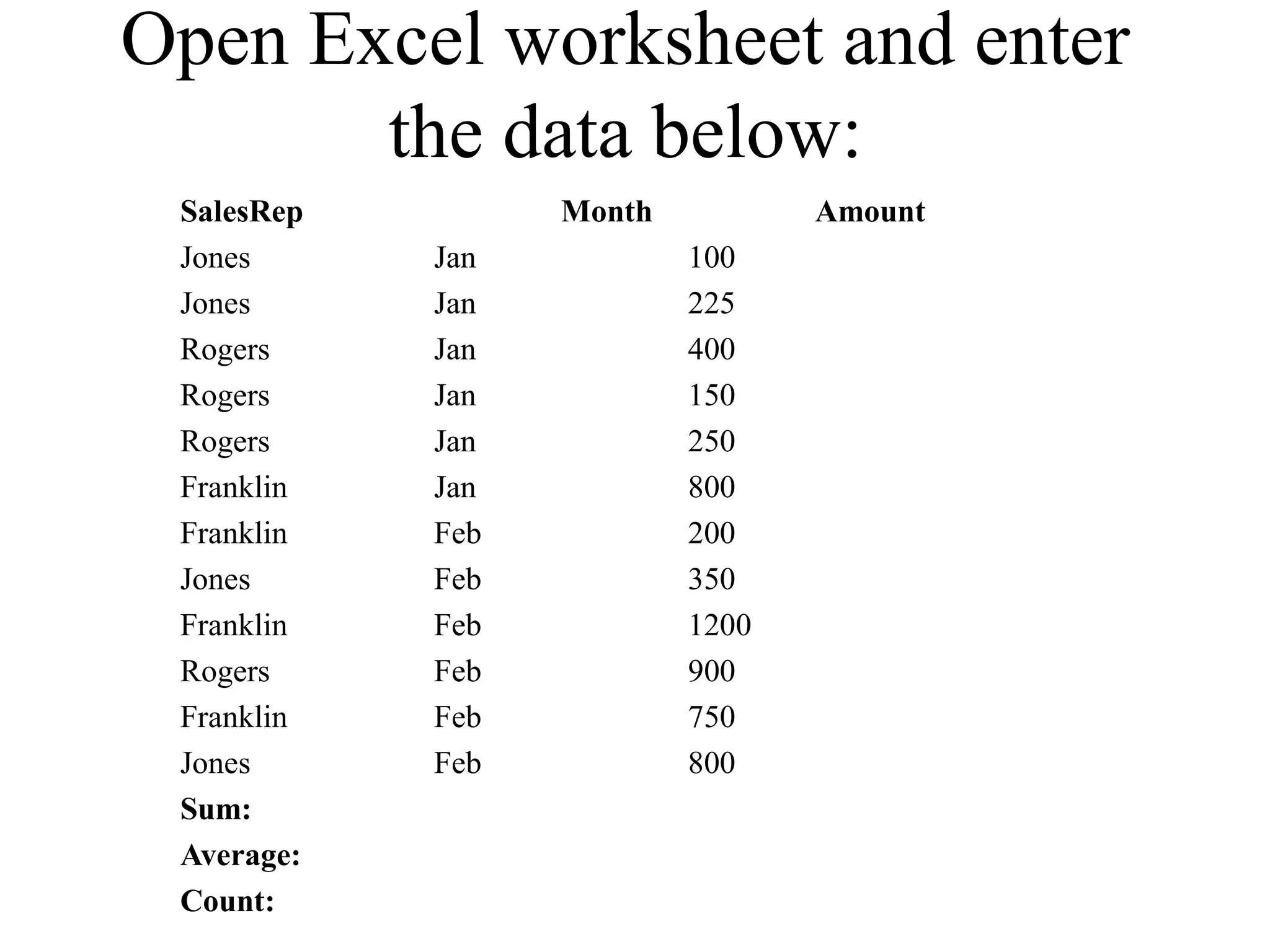 Open Excel worksheet and enter
the data below:
SalesRep
Jones
Jones
Rogers
Rogers
Rogers
Franklin
Franklin
Jones
Franklin
Rogers
Franklin
Jones
Sum:
Average:
Count:

Month
Jan
Jan
Jan
Jan
Jan
Jan
Feb
Feb
Feb
Feb
Feb
Feb

Amount
100
225
400
150
250
800
200
350
1200
900
750
800

 