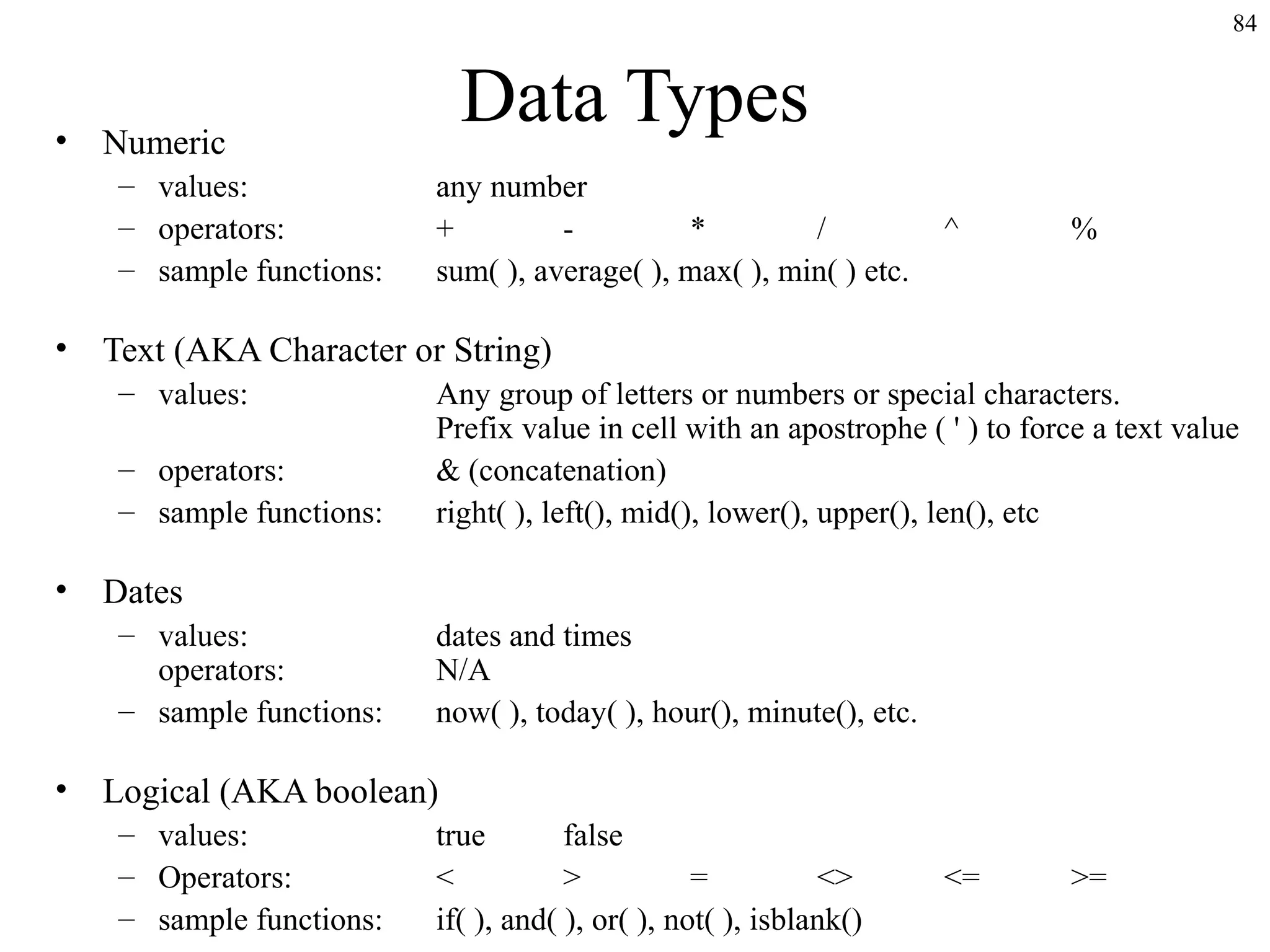 84

•

Numeric
– values:
– operators:
– sample functions:

•

– operators:
– sample functions:

^

%

Any group of letters or numbers or special characters.
Prefix value in cell with an apostrophe ( ' ) to force a text value
& (concatenation)
right( ), left(), mid(), lower(), upper(), len(), etc

Dates
– values:
operators:
– sample functions:

•

any number
+
*
/
sum( ), average( ), max( ), min( ) etc.

Text (AKA Character or String)
– values:

•

Data Types

dates and times
N/A
now( ), today( ), hour(), minute(), etc.

Logical (AKA boolean)
– values:
– Operators:
– sample functions:

true
false
<
>
=
<>
if( ), and( ), or( ), not( ), isblank()

<=

>=

 