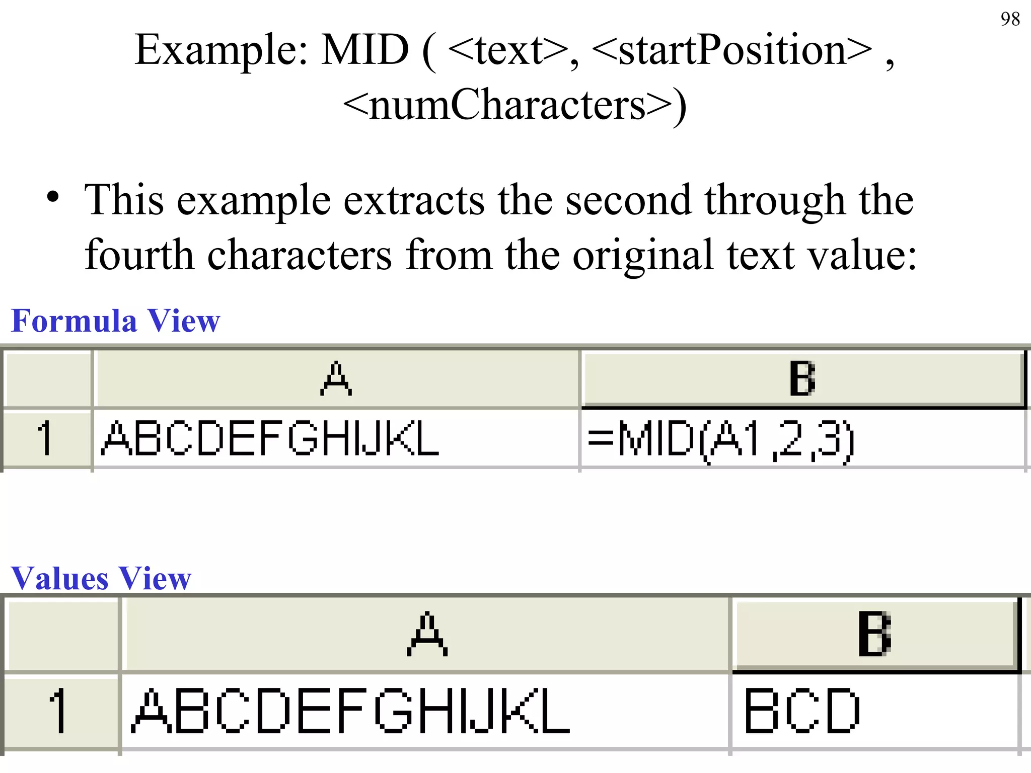 Example: MID ( <text>, <startPosition> ,
<numCharacters>)
• This example extracts the second through the
fourth characters from the original text value:
Formula View

Values View

98

 