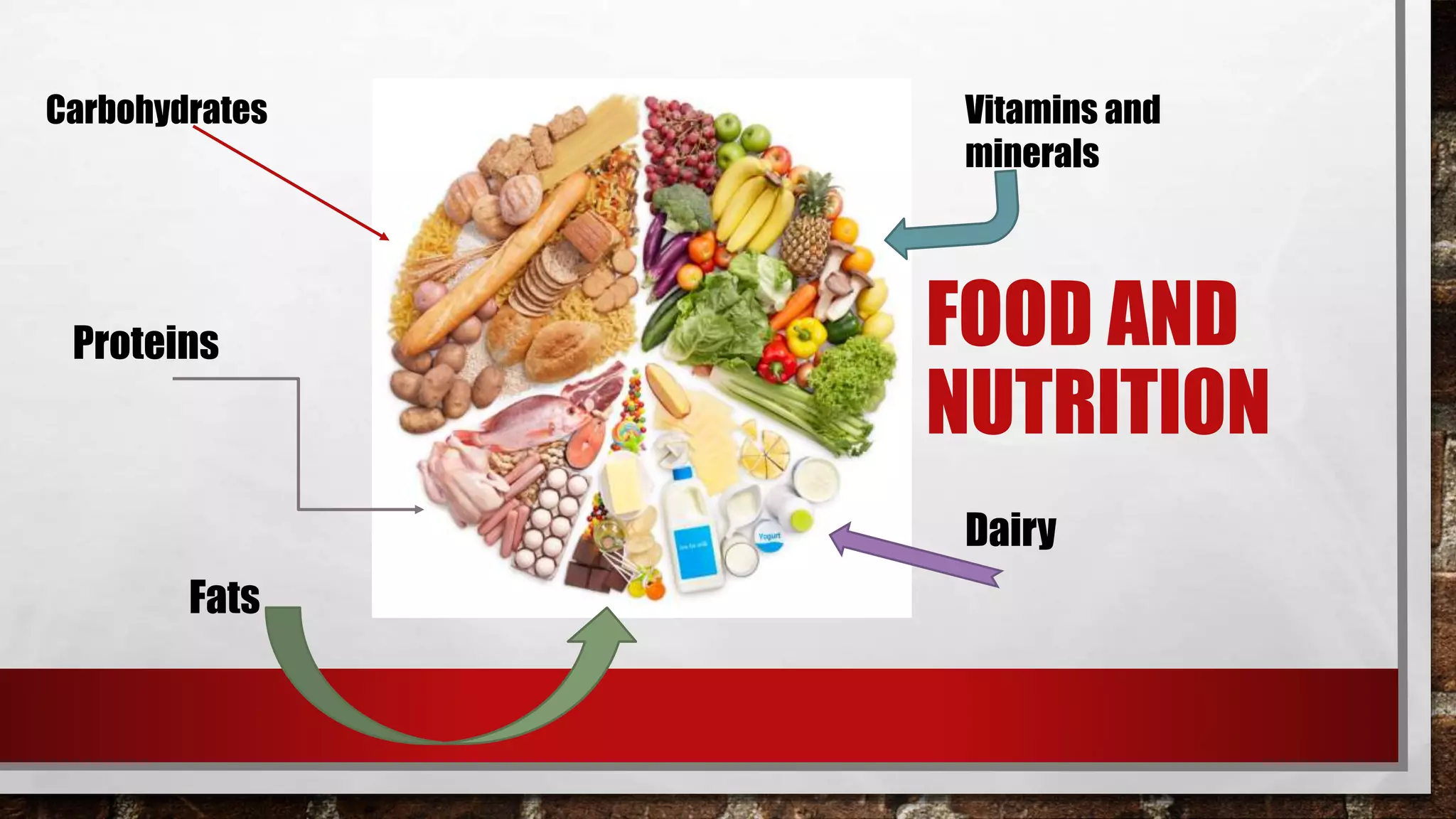 FOOD AND
NUTRITION
Fats
Proteins
Vitamins and
minerals
Dairy
Carbohydrates