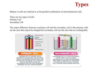 Types
Battery or cells are referred to as the parallel combination of electrochemical cells.
There are two types of cells:
Primary Cell
Secondary Cell
The major difference between a primary cell and the secondary cell is that primary cells
are the ones that cannot be charged but secondary cells are the ones that are rechargeable.
 