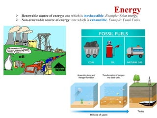  Renewable source of energy: one which is inexhaustible. Example: Solar energy.
 Non-renewable source of energy: one which is exhaustible. Example: Fossil Fuels.
Energy
 
