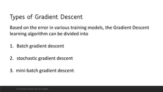 Types of Gradient Descent
Based on the error in various training models, the Gradient Descent
learning algorithm can be divided into
1. Batch gradient descent
2. stochastic gradient descent
3. mini-batch gradient descent.
CCS355 NEURAL NETWORKS AND DEEP LEARNING
 