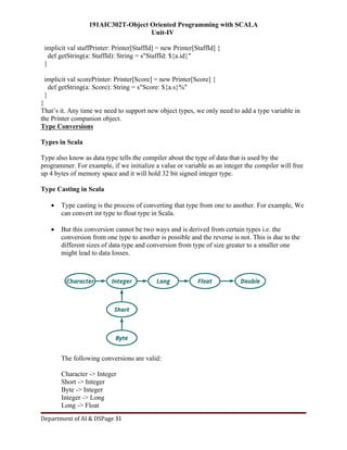 191AIC302T-Object Oriented Programming with SCALA
Unit-IV
Department of AI & DSPage 31
implicit val staffPrinter: Printer[StaffId] = new Printer[StaffId] {
def getString(a: StaffId): String = s"StaffId: ${a.id}"
}
implicit val scorePrinter: Printer[Score] = new Printer[Score] {
def getString(a: Score): String = s"Score: ${a.s}%"
}
}
That’s it. Any time we need to support new object types, we only need to add a type variable in
the Printer companion object.
Type Conversions
Types in Scala
Type also know as data type tells the compiler about the type of data that is used by the
programmer. For example, if we initialize a value or variable as an integer the compiler will free
up 4 bytes of memory space and it will hold 32 bit signed integer type.
Type Casting in Scala
 Type casting is the process of converting that type from one to another. For example, We
can convert int type to float type in Scala.
 But this conversion cannot be two ways and is derived from certain types i.e. the
conversion from one type to another is possible and the reverse is not. This is due to the
different sizes of data type and conversion from type of size greater to a smaller one
might lead to data losses.
The following conversions are valid:
Character -> Integer
Short -> Integer
Byte -> Integer
Integer -> Long
Long -> Float
 