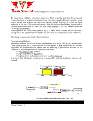 For more Https://www.ThesisScientist.com
To reduce these problems, when echo suppressors detect a specific tone they shut down, and
remain shut down as long as the carrier is present (this is an example of inband signaling, where
control signals that activate and deactivate internal control functions lie within the band
accessible to the user). This disabling is usually done during initial handshaking by one modem
transmitting an answer tone in either 2100 Hz (CCITT standard) or 2225 Hz (modems following
the old Bell 103 standard).
Echo suppressor are slowly being replaced by ECs, which allow a certain amount of double-
talking and do not require "capture" time for any one talker to assume control of the connection.
Classifying Modems according to : Synchronization
* Asynchronous Modems
Most of the modems that operate in slow and moderate rates, up to 1800 bps, are asynchronous
(using asynchronous data). Asynchronous modems operate in FSK modulation and use two
frequencies for transmission and another two for receiving. Asynchronous modems can be
connected in different options to the communication media:
 Using 2-wire or 4-wire interface.
 Using switched lines or leased lines.
 Using interface to call unit/automatic answer, when dialing-up.
In a 2-wire line, full duplex operation can be achieved by splitting the channel into two sub-
channels.l
Figure Modem - 1
 