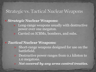 1969 & 1979– SALT 1 & 2Both aimed at limiting the production of future nuclear weapons between the U.S. and USSR1972 – ABM TreatyLimit missile defense systems and production of specific offensive warheadsArms Control Treaties