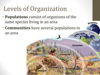 Levels of Organization
• Populations consist of organisms of the
same species living in an area
• Communities have several populations in
an area

 