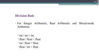 10
Division Rule
▫ For Integer Arithmetic, Real Arithmetic and Mixed-mode
Arithmetic
 int / int = int
 float / float = float
 int / float = float
 float / int = float
 