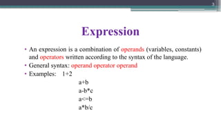 3
Expression
• An expression is a combination of operands (variables, constants)
and operators written according to the syntax of the language.
• General syntax: operand operator operand
• Examples: 1+2
a+b
a-b*c
a<=b
a*b/c
 