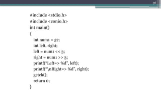 36
#include <stdio.h>
#include <conio.h>
int main()
{
int num1 = 57;
int left, right;
left = num1 << 3;
right = num1 >> 3;
printf(“Left=> %d”, left);
printf(“nRight=> %d”, right);
getch();
return 0;
}
 