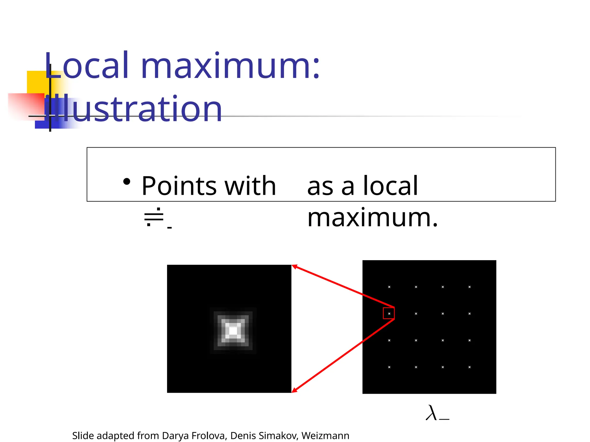 Local maximum:
illustration
• Points with
-
Slide adapted from Darya Frolova, Denis Simakov, Weizmann
as a local
maximum.
 