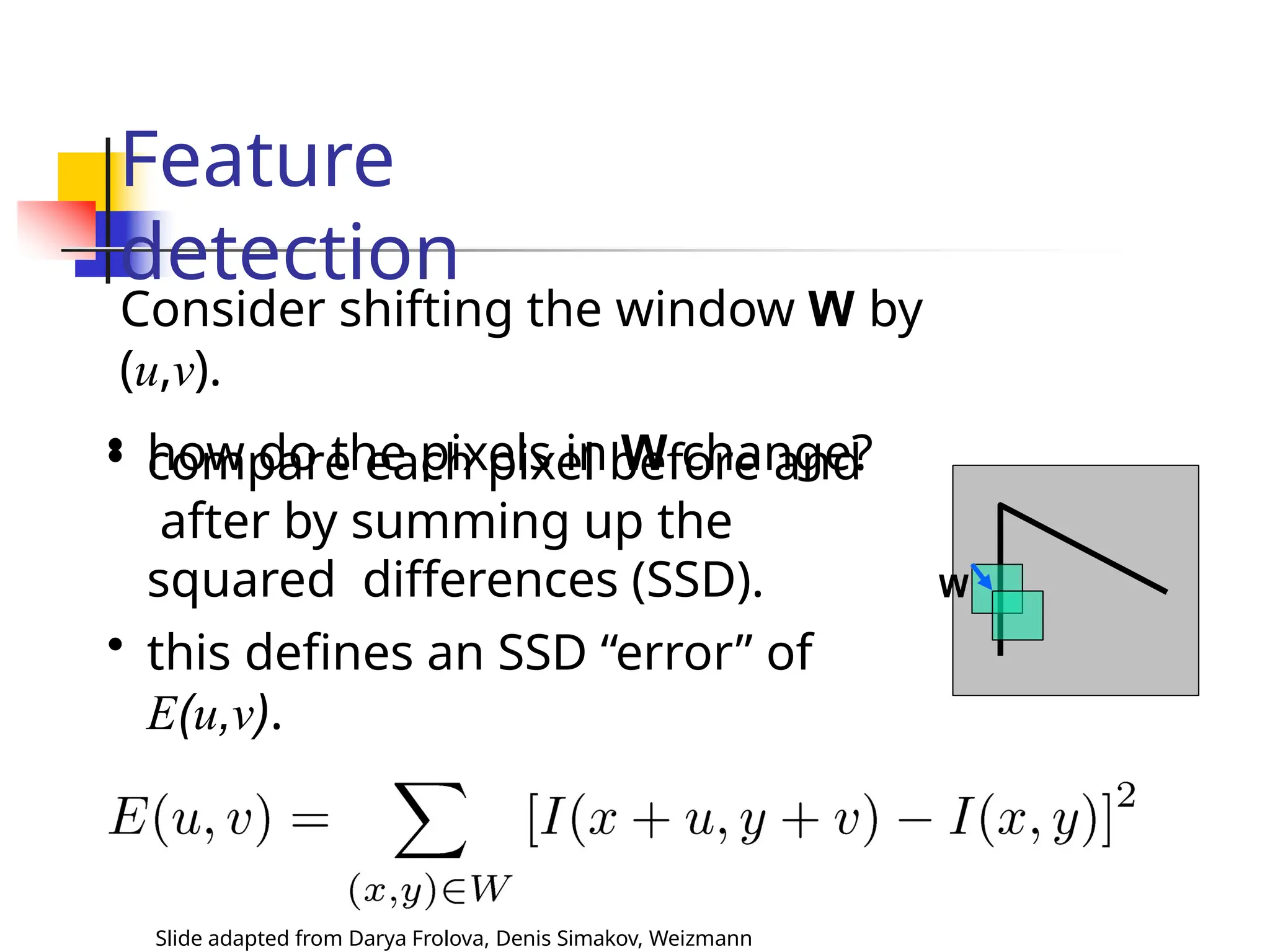 • compare each pixel before and
after by summing up the
squared differences (SSD).
• this defines an SSD “error” of
E(u,v).
Feature
detection
Consider shifting the window W by
(u,v).
• how do the pixels in W change?
W
Slide adapted from Darya Frolova, Denis Simakov, Weizmann
 