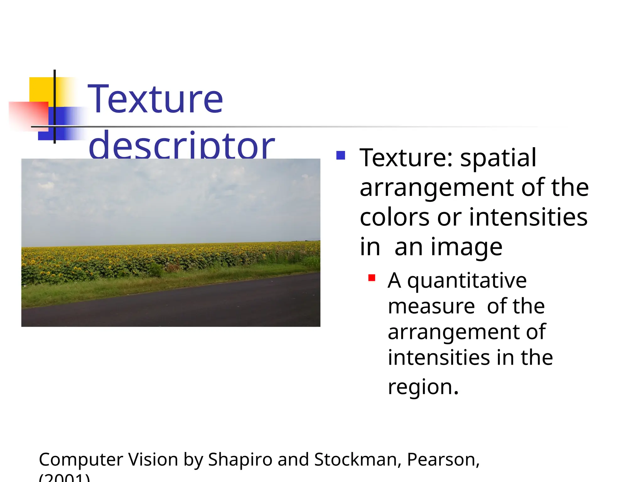 Texture
descriptor  Texture: spatial
arrangement of the
colors or intensities
in an image
 A quantitative
measure of the
arrangement of
intensities in the
region.
Computer Vision by Shapiro and Stockman, Pearson,
 