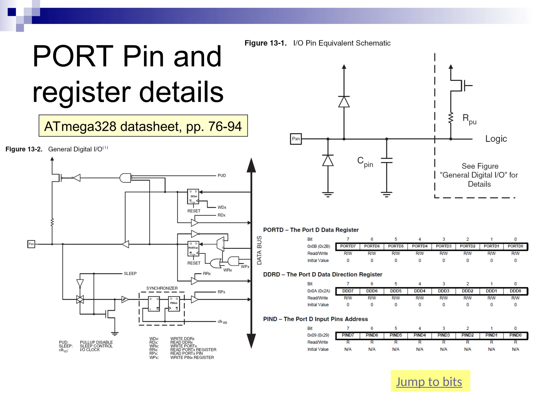 PORT Pin and
register details
ATmega328 datasheet, pp. 76-94
Jump to bits
 