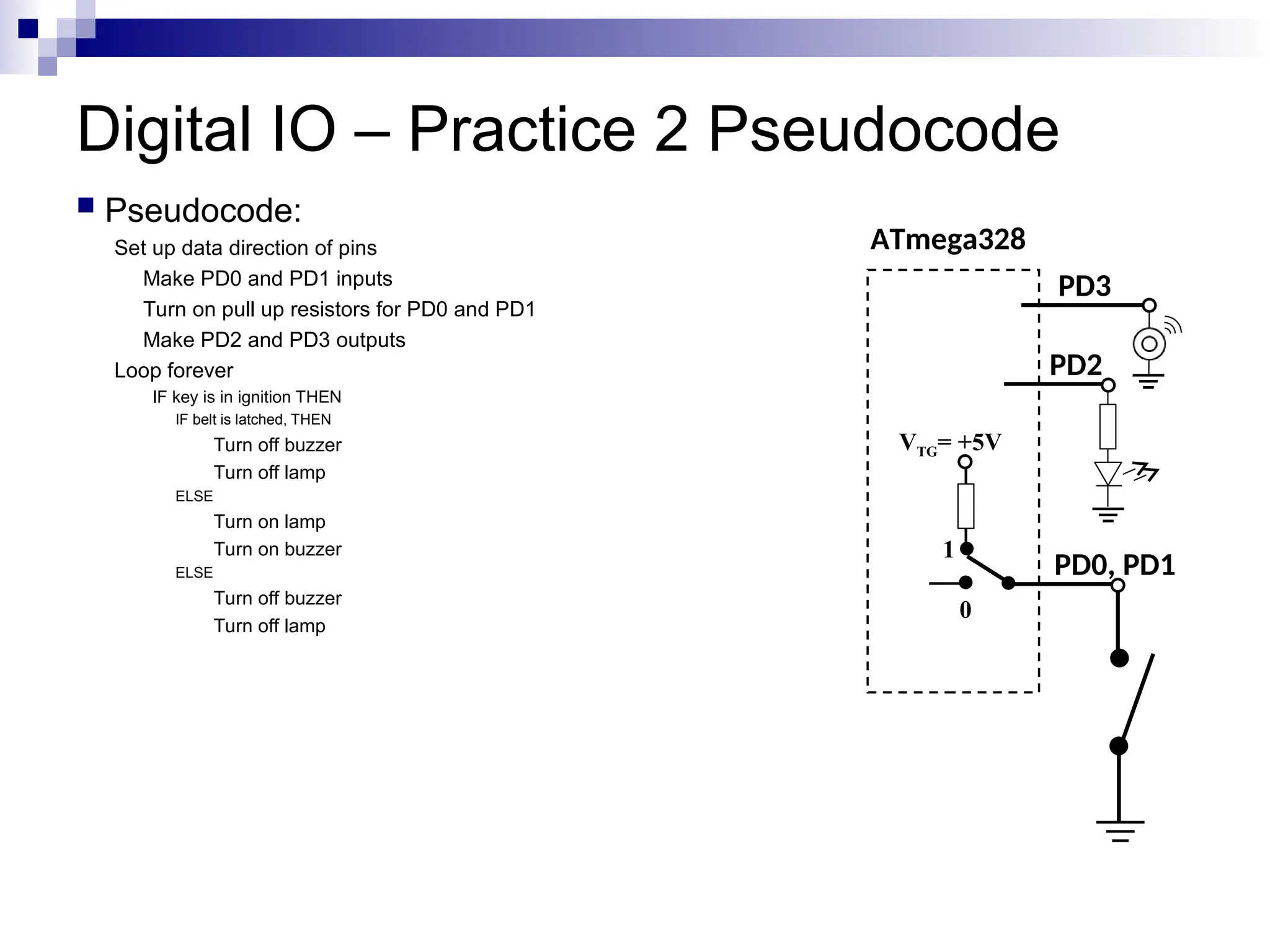 Digital IO – Practice 2 Pseudocode
 Pseudocode:
Set up data direction of pins
Make PD0 and PD1 inputs
Turn on pull up resistors for PD0 and PD1
Make PD2 and PD3 outputs
Loop forever
IF key is in ignition THEN
IF belt is latched, THEN
Turn off buzzer
Turn off lamp
ELSE
Turn on lamp
Turn on buzzer
ELSE
Turn off buzzer
Turn off lamp
ATmega328
PD0, PD1
VTG= +5V
0
1
PD2
PD3
 