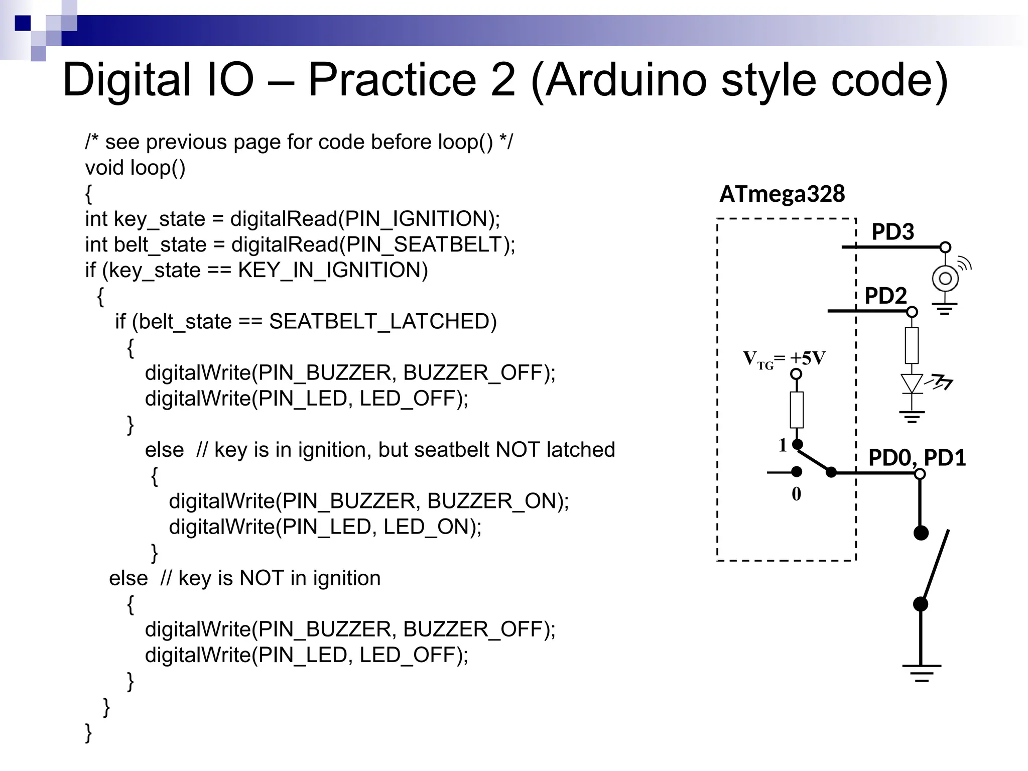 Digital IO – Practice 2 (Arduino style code)
/* see previous page for code before loop() */
void loop()
{
int key_state = digitalRead(PIN_IGNITION);
int belt_state = digitalRead(PIN_SEATBELT);
if (key_state == KEY_IN_IGNITION)
{
if (belt_state == SEATBELT_LATCHED)
{
digitalWrite(PIN_BUZZER, BUZZER_OFF);
digitalWrite(PIN_LED, LED_OFF);
}
else // key is in ignition, but seatbelt NOT latched
{
digitalWrite(PIN_BUZZER, BUZZER_ON);
digitalWrite(PIN_LED, LED_ON);
}
else // key is NOT in ignition
{
digitalWrite(PIN_BUZZER, BUZZER_OFF);
digitalWrite(PIN_LED, LED_OFF);
}
}
}
ATmega328
PD0, PD1
VTG= +5V
0
1
PD2
PD3
 