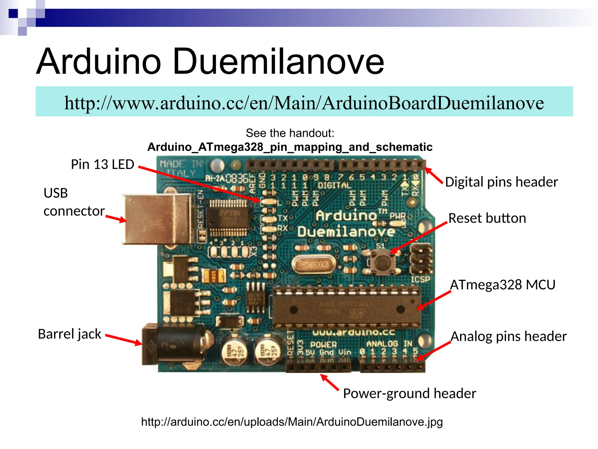 Arduino Duemilanove
http://www.arduino.cc/en/Main/ArduinoBoardDuemilanove
http://arduino.cc/en/uploads/Main/ArduinoDuemilanove.jpg
Pin 13 LED
USB
connector
Barrel jack
Digital pins header
Reset button
ATmega328 MCU
Analog pins header
Power-ground header
See the handout:
Arduino_ATmega328_pin_mapping_and_schematic
 