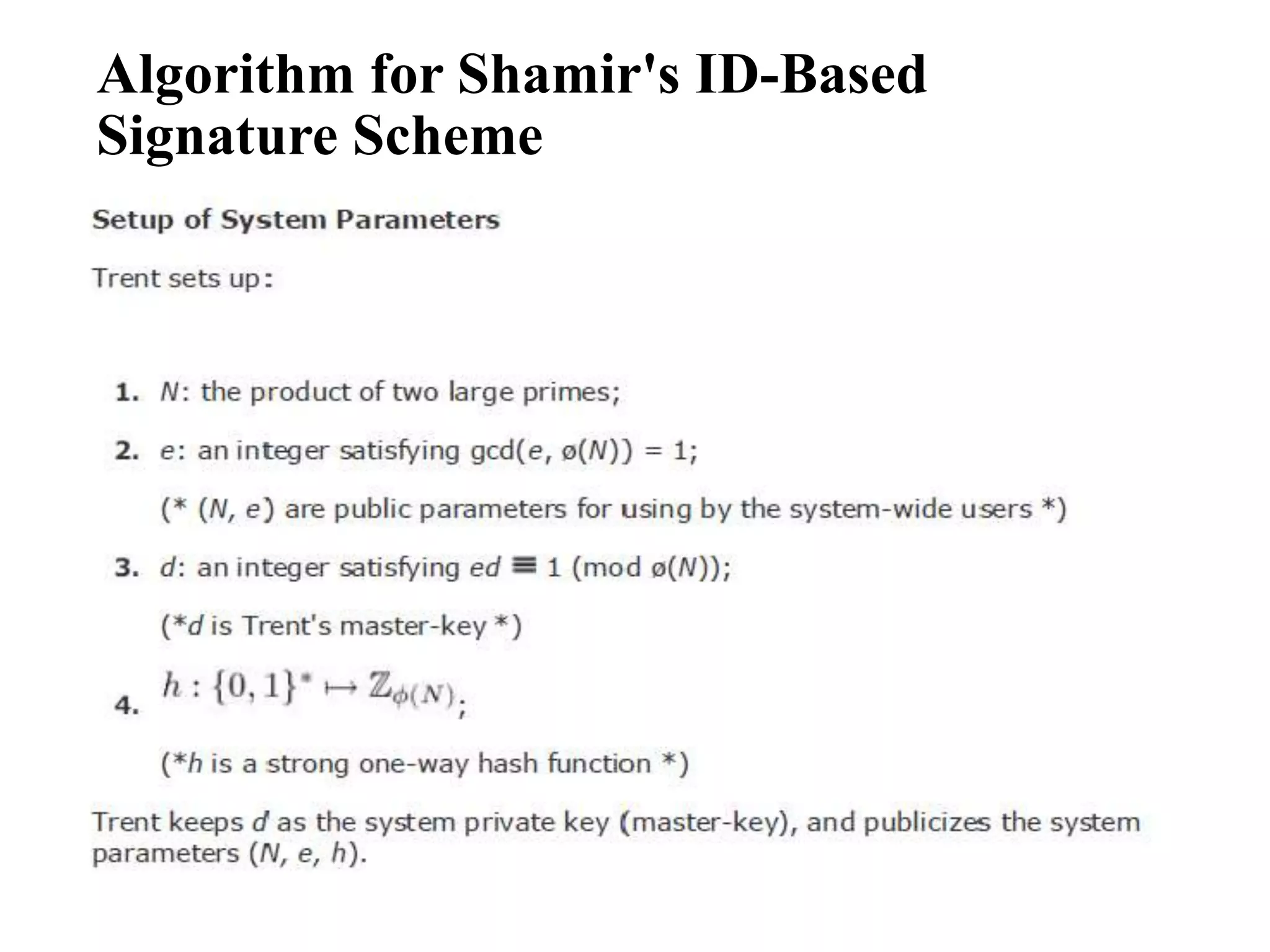 Algorithm for Shamir's ID-Based
Signature Scheme
 