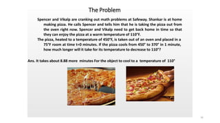 Ans. It takes about 8.88 more minutes For the object to cool to a temperature of 110°
110°
For the object to cool to a temperature of
110°
The Problem
Spencer and Vikalp are cranking out math problems at Safeway. Shankar is at home
making pizza. He calls Spencer and tells him that he is taking the pizza out from
the oven right now. Spencer and Vikalp need to get back home in time so that
they can enjoy the pizza at a warm temperature of 110°F.
The pizza, heated to a temperature of 450°F, is taken out of an oven and placed in a
75°F room at time t=0 minutes. If the pizza cools from 450° to 370° in 1 minute,
how much longer will it take for its temperature to decrease to 110°?
16
 