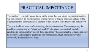 53
PRACTICAL IMPOTTANCE
This analogy is strictly quantitative in the sense that to a given mechanical system
we can construct an electric circuit whose current will give the exact values of the
displacement in the mechanical system when suitable scale factors are introduced.
The practical importance of this analogy is almost obvious. The analogy may be
used for constructing an “ electrical model” of a given mechanical model ,
resulting in substantial savings of time and money because electric circuits are easy
to assemble , and electric quantities can be measured much more quickly and
accurately than mechanical ones.
 