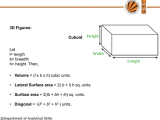 3D Figures:
Cuboid
Let
l= length
b= breadth
h= height. Then,
• Volume = (l x b x h) cubic units.
• Lateral Surface area = 2( b + l) h sq. units.
• Surface area = 2(lb + bh + lh) sq. units.
• Diagonal = √(l2 + b2 + h2 ) units.
 