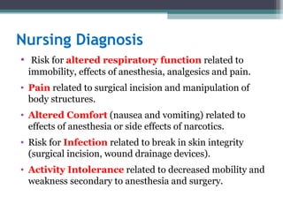 Nursing Diagnosis
• Risk for altered respiratory function related to
immobility, effects of anesthesia, analgesics and pain.
• Pain related to surgical incision and manipulation of
body structures.
• Altered Comfort (nausea and vomiting) related to
effects of anesthesia or side effects of narcotics.
• Risk for Infection related to break in skin integrity
(surgical incision, wound drainage devices).
• Activity Intolerance related to decreased mobility and
weakness secondary to anesthesia and surgery.
 