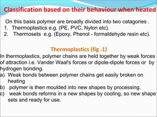 Classification based on their behaviour when heated
On this basis polymer are broadly divided into two catagories .
1. Thermoplastics e.g. (PE, PVC, Nylon etc).
2. Thermosets e.g. (Epoxy, Phenol - formaldehyde resin etc).
Thermoplastics (fig .1)
In thermoplastics, polymer chains are held together by weak forces
of attraction i.e. Vander Waal's forces or dipole-dipole forces or by
hydrogen bonding.
a) Weak bonds between polymer chains get easily broken on
heating
b) polymer is then moulded into new shapes by processing.
c) weak bonds reforms in a new shapes by cooling, so new shape
sets and ready for use.
 