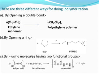 There are three different ways for doing polymerization
a). By Opening a double bond:-
n(CH2=CH2)
Ethylene
monomer
(-CH2-CH2-)n
Polyethylene polymer
b).By Opening a ring:-
c).By :- using molecules having two functional groups:-
Adipic acid hexadiamine nylon 6,6
 