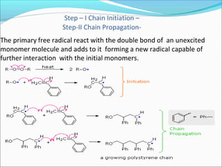 The primary free radical react with the double bond of an unexcited
monomer molecule and adds to it forming a new radical capable of
further interaction with the initial monomers.
Step – I Chain Initiation –
Step-II Chain Propagation-
 
