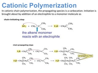 Cationic Polymerization
In cationic chain polymerization, the propagating species is a carbocation. Initiation is
brought about by addition of an electrophile to a monomer molecule as
the alkene monomer
reacts with an electrophile
 