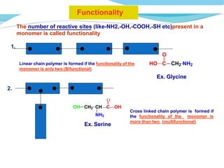 Functionality
O
HO C CH2 NH2
OH CH2 CH C OH
NH2
Ex. Serine
Linear chain polymer is formed if the functionality of the
monomer is only two (Bifunctional)
Ex. Glycine
The number of reactive sites (like-NH2,-OH,-COOH,-SH etc)present in a
monomer is called functionality
1.
2.
Cross linked chain polymer is formed if
the functionality of the monomer is
more than two (multifunctional)
O
 