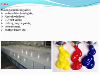 Making aquarium glasses;
 automobile headlights;
 Aircraft windows;
 Helmet visors;
 making acrylic paints;
 bone cement,
 contact lenses etc.
Uses:
 