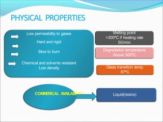 PHYSICAL PROPERTIES
Low permeability to gases
Hard and rigid
Slow to burn
Chemical and solvents resistant
Low density
Melting point
>300ºC if heating rate
50/min
Degradation temperature
Above 300ºC
Glass transition temp.
87ºC
COMMERICAL A
VAILABILITY Liquid(resins)
 