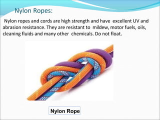 Nylon ropes and cords are high strength and have excellent UV and
abrasion resistance. They are resistant to mildew, motor fuels, oils,
cleaning fluids and many other chemicals. Do not float.
Nylon Rope
 