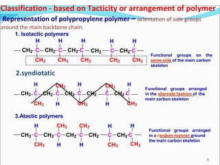 6
Classification - based on Tacticity or arrangement of polymer
Representation of polypropylene polymer – orientation of side groups
around the main backbone chain.
H H H
CH2 C CH2 C CH2 C
H
CH2 C CH2 C
CH3
H
CH3 CH3
CH3
CH3
H H H
CH2 C CH2 C CH2 C CH2 C CH2 C
H H
CH3
3
CH3 CH3
CH3
H H H
CH2 C CH2 C CH2 C CH2 C CH2 C
CH H H CH3
1. Isotactic polymers
Functional groups on the
CH3 same side of the main carbon
skeleton
CH3 CH3 CH3
Functional groups arranged
in the alternate fashion of the
main carbon skeleton
3.Atactic polymers
Functional groups arranged
in a random manner around
the main carbon skeleton
2.syndiotatic
 
