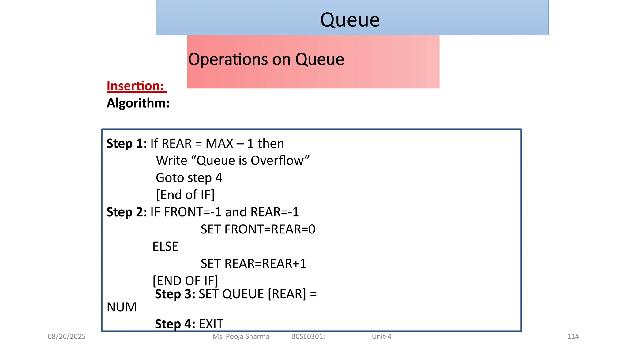 08/26/2025 Ms. Pooja Sharma BCSE0301: Unit-4 114
Operations on Queue
Insertion:
Algorithm:
Step 1: If REAR = MAX – 1 then
Write “Queue is Overflow”
Goto step 4
[End of IF]
Step 2: IF FRONT=-1 and REAR=-1
SET FRONT=REAR=0
ELSE
SET REAR=REAR+1
[END OF IF]
Step 3: SET QUEUE [REAR] =
NUM
Step 4: EXIT
Queue
 