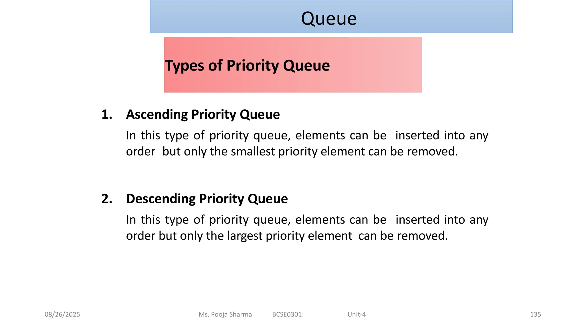 08/26/2025 Ms. Pooja Sharma BCSE0301: Unit-4 135
Types of Priority Queue
1. Ascending Priority Queue
In this type of priority queue, elements can be inserted into any
order but only the smallest priority element can be removed.
2. Descending Priority Queue
In this type of priority queue, elements can be inserted into any
order but only the largest priority element can be removed.
Queue
 