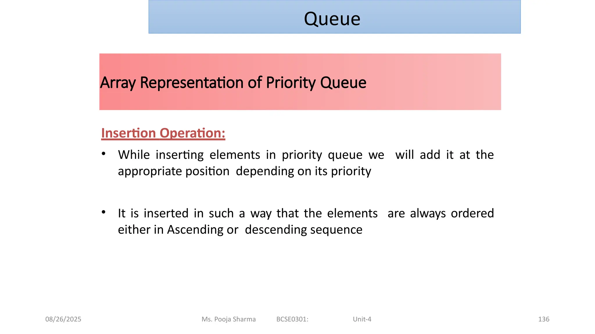 08/26/2025 Ms. Pooja Sharma BCSE0301: Unit-4 136
Array Representation of Priority Queue
Insertion Operation:
• While inserting elements in priority queue we will add it at the
appropriate position depending on its priority
• It is inserted in such a way that the elements are always ordered
either in Ascending or descending sequence
Queue
 