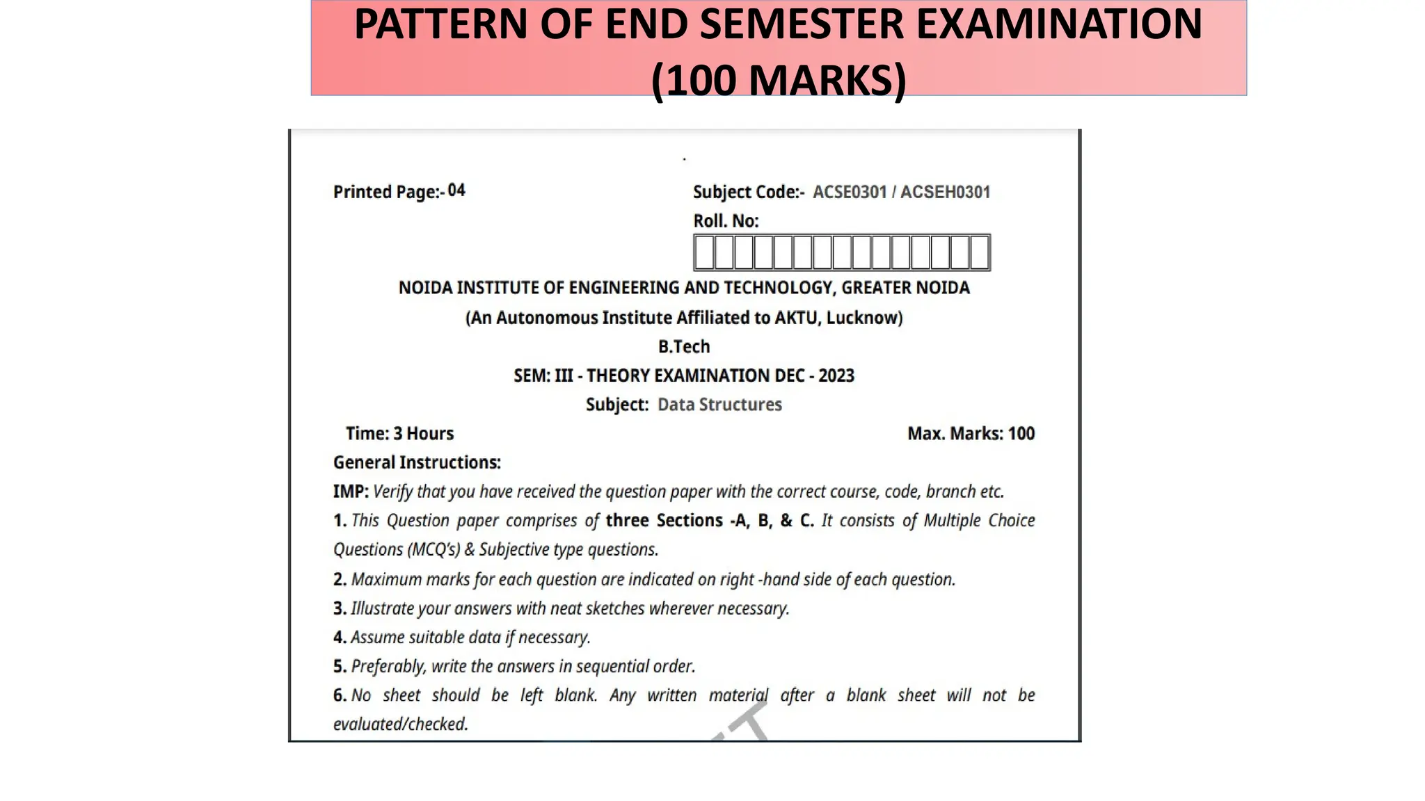 PATTERN OF END SEMESTER EXAMINATION
(100 MARKS)
 