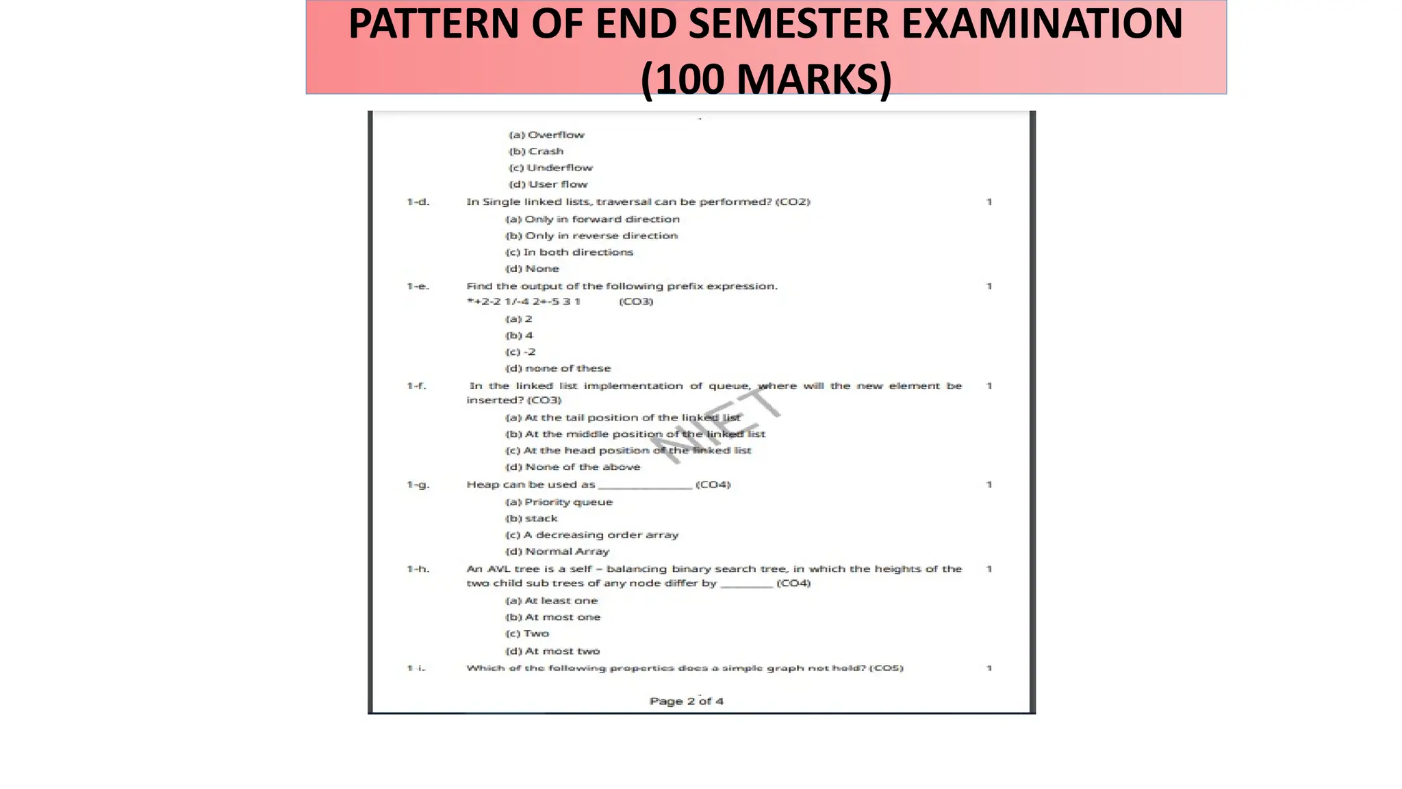 PATTERN OF END SEMESTER EXAMINATION
(100 MARKS)
 