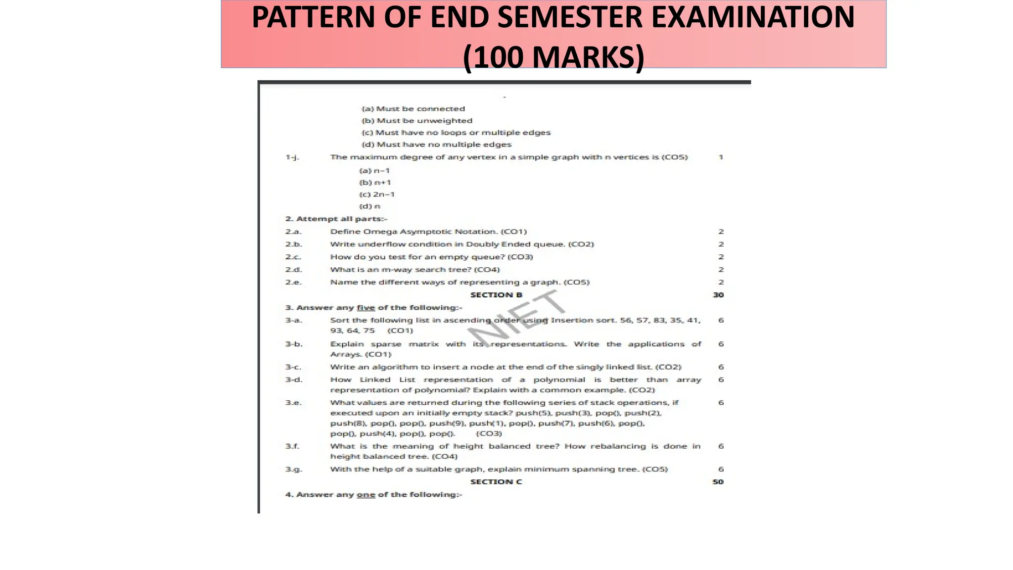 PATTERN OF END SEMESTER EXAMINATION
(100 MARKS)
 