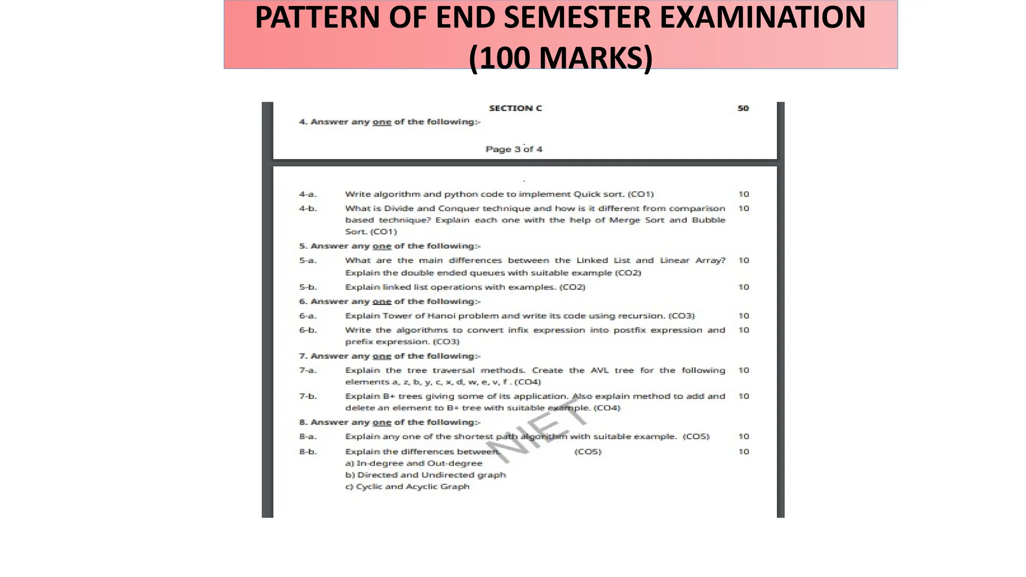 PATTERN OF END SEMESTER EXAMINATION
(100 MARKS)
 