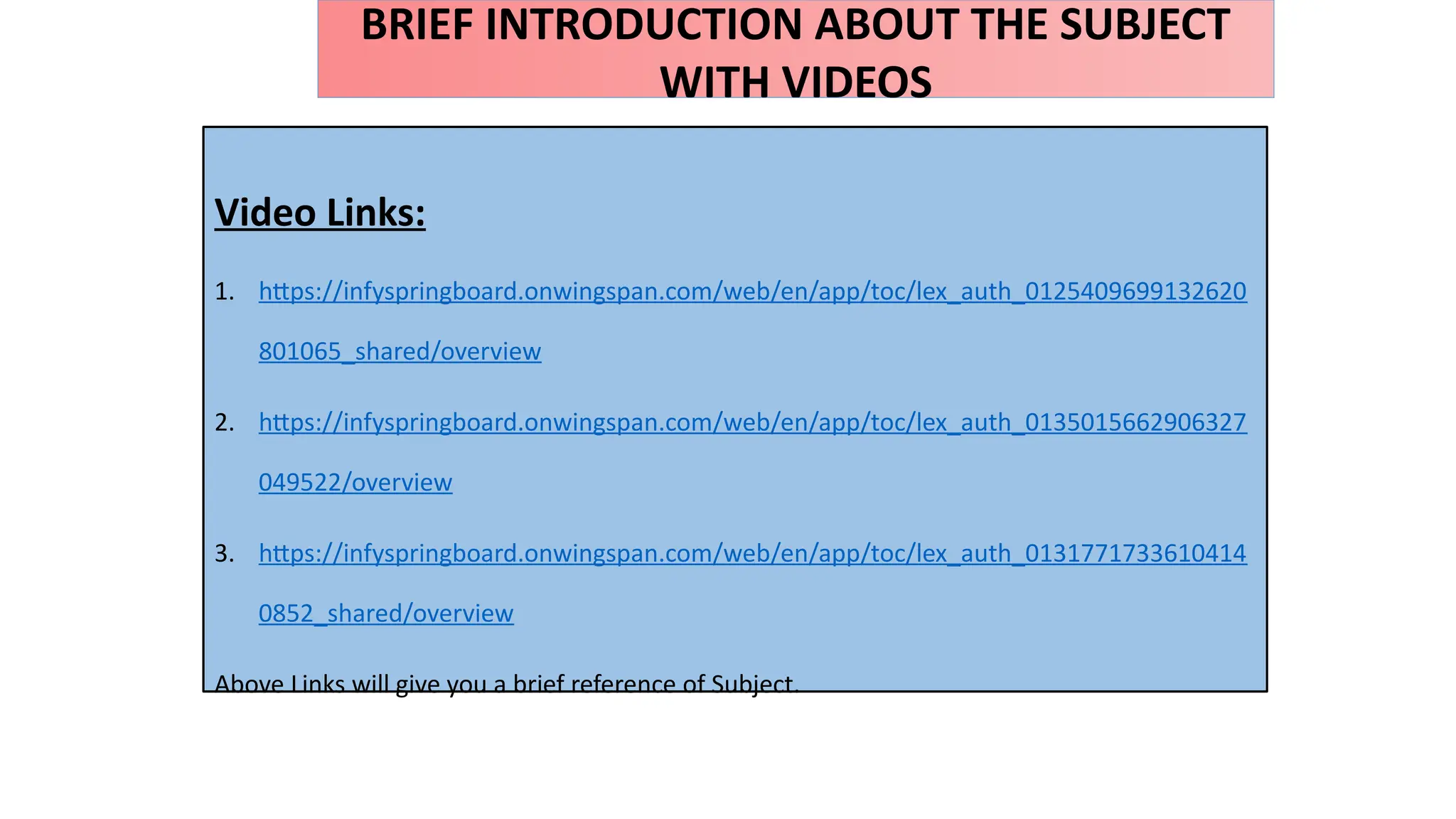 BRIEF INTRODUCTION ABOUT THE SUBJECT
WITH VIDEOS
Video Links:
1. https://infyspringboard.onwingspan.com/web/en/app/toc/lex_auth_0125409699132620
801065_shared/overview
2. https://infyspringboard.onwingspan.com/web/en/app/toc/lex_auth_0135015662906327
049522/overview
3. https://infyspringboard.onwingspan.com/web/en/app/toc/lex_auth_0131771733610414
0852_shared/overview
Above Links will give you a brief reference of Subject.
 