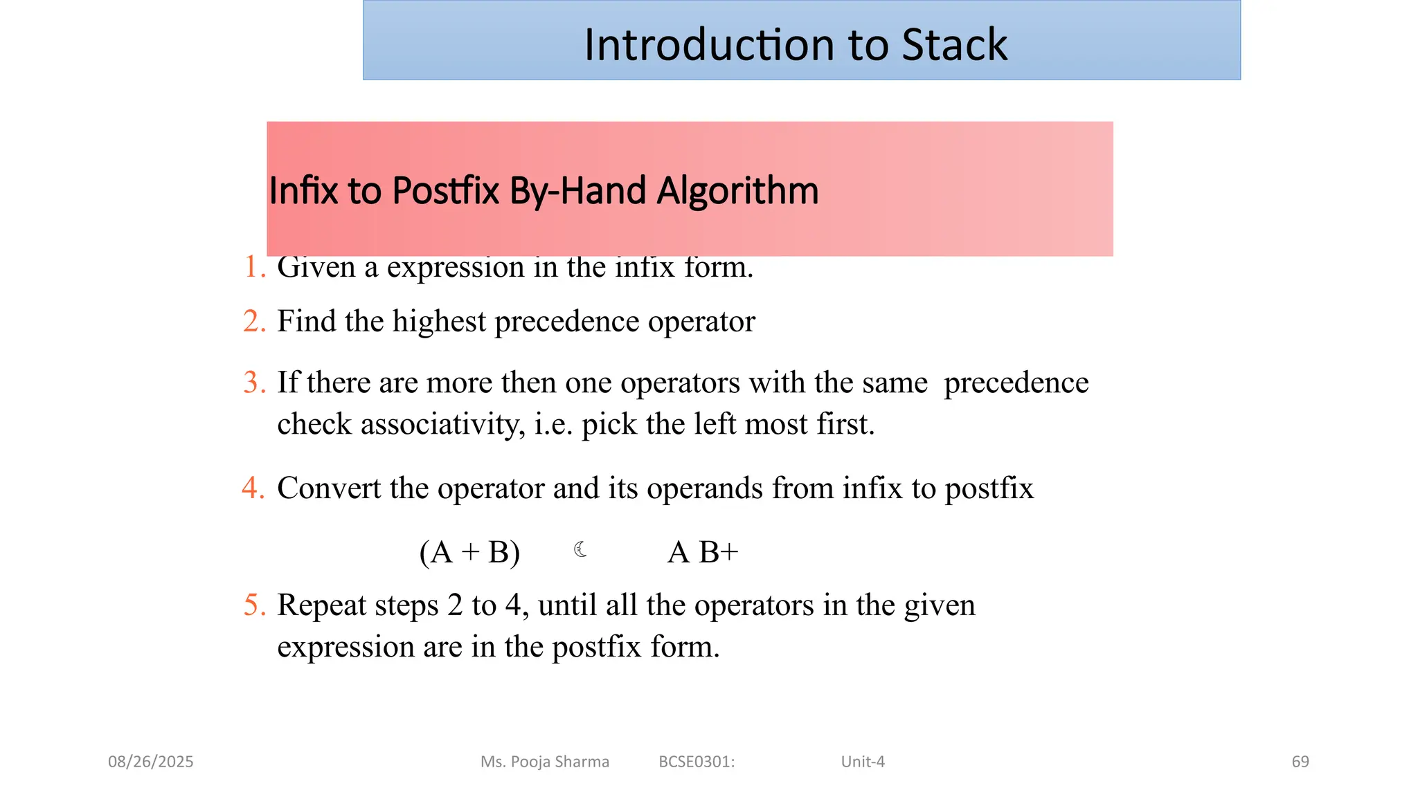 08/26/2025 Ms. Pooja Sharma BCSE0301: Unit-4 69
1. Given a expression in the infix form.
2. Find the highest precedence operator
3. If there are more then one operators with the same precedence
check associativity, i.e. pick the left most first.
4. Convert the operator and its operands from infix to postfix
(A + B)  A B+
5. Repeat steps 2 to 4, until all the operators in the given
expression are in the postfix form.
Infix to Postfix By-Hand Algorithm
Introduction to Stack
 