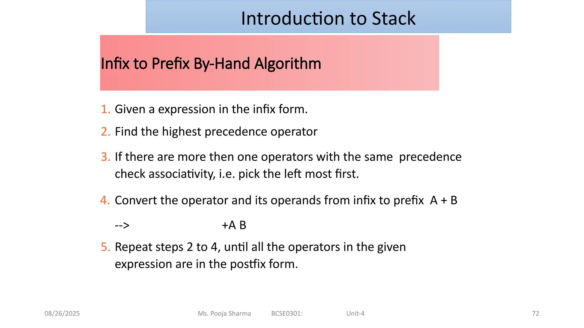 08/26/2025 Ms. Pooja Sharma BCSE0301: Unit-4 72
Infix to Prefix By-Hand Algorithm
1. Given a expression in the infix form.
2. Find the highest precedence operator
3. If there are more then one operators with the same precedence
check associativity, i.e. pick the left most first.
4. Convert the operator and its operands from infix to prefix A + B
--> +A B
5. Repeat steps 2 to 4, until all the operators in the given
expression are in the postfix form.
Introduction to Stack
 